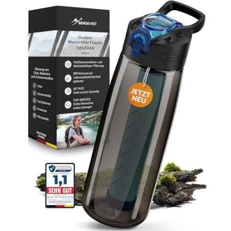 BERGKVIST® Outdoor Wasserfilter Flasche OBSIDIAN  650ml  mit Kompass - Trinkflasche mit Filter für sauberes Trinkwasser - Was