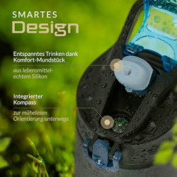 BERGKVIST® Outdoor Wasserfilter Flasche OBSIDIAN  650ml  mit Kompass - Trinkflasche mit Filter für sauberes Trinkwasser - Was