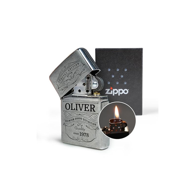 Zippo Feuerzeug mit Gravur – personalisiertes Geschenk Lighter mit Namen und Geburtsjahr – Geschenkidee/Geschenke für Mann, P