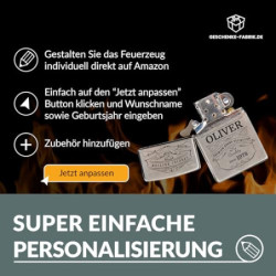 Zippo Feuerzeug mit Gravur – personalisiertes Geschenk Lighter mit Namen und Geburtsjahr – Geschenkidee/Geschenke für Mann, P