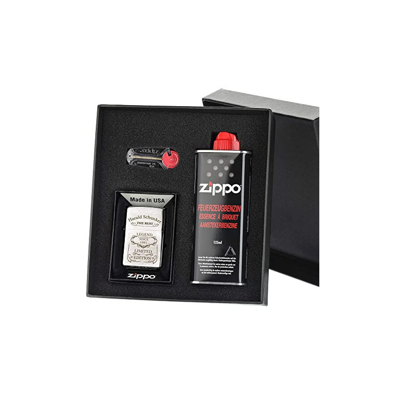 Zippo-Store Zippo Sturmfeuerzeug Geschenk-Set - 1 Flasche Benzin  125ml  - 6 Feuersteine - mit Gravur - inkl. Geschenketui - 