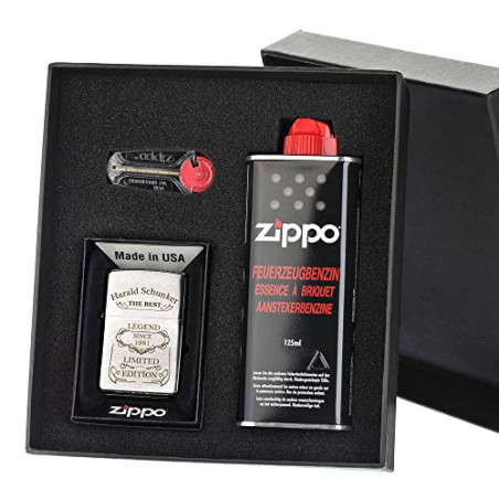 Zippo-Store Zippo Sturmfeuerzeug Geschenk-Set - 1 Flasche Benzin  125ml  - 6 Feuersteine - mit Gravur - inkl. Geschenketui - 