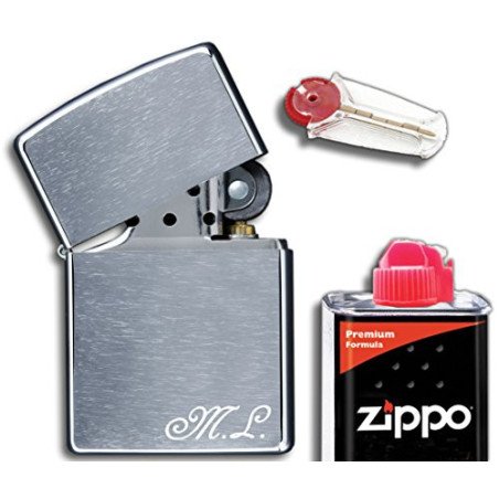3Dglas Original Feuerzeug mit Initialen Gravur | inkl. Geschenkset  Flints, Benzin  | Chrom gebürstet | kompatibel mit Zippo