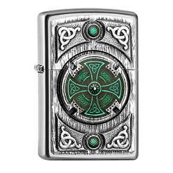 Zippo 16552 Feuerzeug, Chrom, Satin finish  CELTIC GREEN CROSS , 5.8 x 3.8 x 1.8 cm