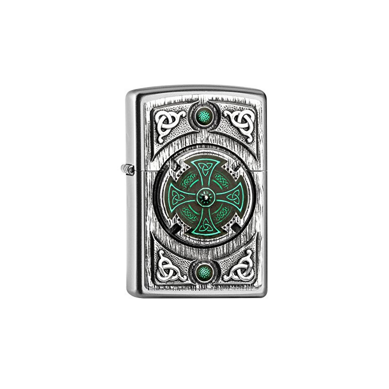 Zippo 16552 Feuerzeug, Chrom, Satin finish  CELTIC GREEN CROSS , 5.8 x 3.8 x 1.8 cm