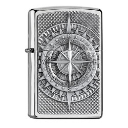 ZIPPO –– Kompassmotiv – Chrome Brushed – Emblem Attached – Sturmfeuerzeug, nachfüllbar, in hochwertiger Geschenkbox