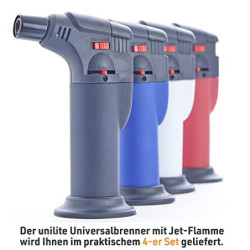 UNILITE Feuerzeug MIT Gas - Sturmfeuerzeug Gas Brenner mit Jet Flamme – nachfüllbar – 4 Stück im Set – Jetflame – Nachfüller 