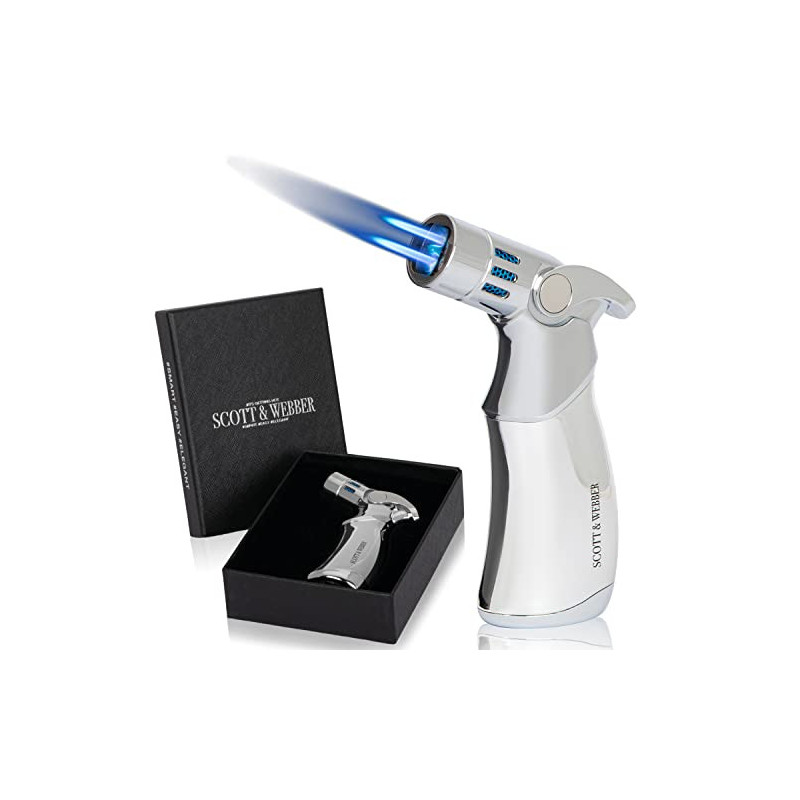 Scott & Webber® - Sturmfeuerzeug mit 4 Jetflammen - Nachfüllbares Feuerzeug, Gasfeuerzeug aus Metall einstellbar bis 1300°C