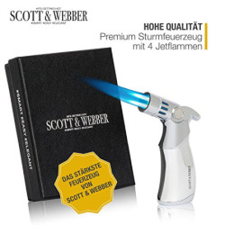 Scott & Webber® - Sturmfeuerzeug mit 4 Jetflammen - Nachfüllbares Feuerzeug, Gasfeuerzeug aus Metall einstellbar bis 1300°C