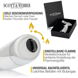 Scott & Webber® - Sturmfeuerzeug mit 4 Jetflammen - Nachfüllbares Feuerzeug, Gasfeuerzeug aus Metall einstellbar bis 1300°C