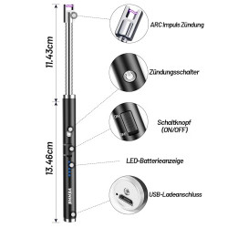 VEHHE Lichtbogen Feuerzeug Elektrisch, USB Aufladbares Elektro LED-Display Stabfeuerzeug Langer Flexibler Hals Geeignet für K