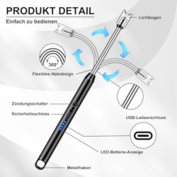 LcFun Stabfeuerzeug, Lichtbogen Feuerzeug Elektrisch, Elektrisches Feuerzeug Lang Winddicht USB Feuerzeug für Küche Camping F