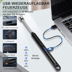 LcFun Stabfeuerzeug, Lichtbogen Feuerzeug Elektrisch, Elektrisches Feuerzeug Lang Winddicht USB Feuerzeug für Küche Camping F