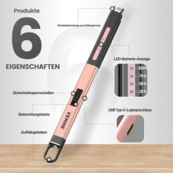 VEHHE Stabfeuerzeug, Aufhängbares USB Wiederaufladbares Feuerzeug, Feuerzeug Elektrisches mit LED-Anzeige und Sicherheitssper