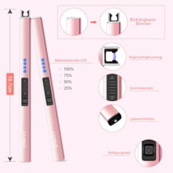 Zanmuk Feuerzeug Elektrisch Lichtbogen Stabfeuerzeug - Elektrisches Feuerzeug Lang USB Aufladbar Lighter  Roségold 