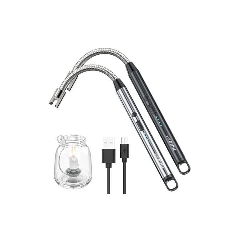 2er Set Elektrisch Feuerzeug, Winddichte Kerzenfeuerzeug, USB Aufladbar Elektrisches Lighter Lichtbogen Lang Stabfeuerzeug