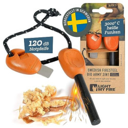 LIGHT MY FIRE Feuerstahl Outdoor Army, 10 mm, 12000 Zündungen, 2-in-1 mit Notfallpfeife, Feuerstahl XXL Survival Gadget Feuer