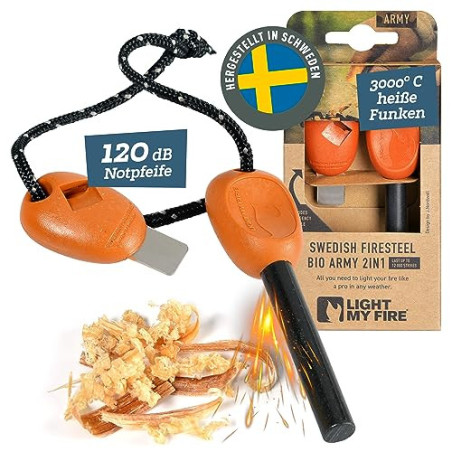 LIGHT MY FIRE Feuerstahl Outdoor Army, 10 mm, 12000 Zündungen, 2-in-1 mit Notfallpfeife, Feuerstahl XXL Survival Gadget Feuer