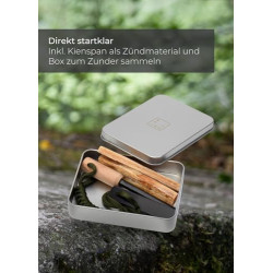Lambda Coffee Feuerstahl Inkl. Metalldose zum Zunder sammeln & Kienspan I Magnesium Feuerstarter mit Holzgriff & Paracord I I
