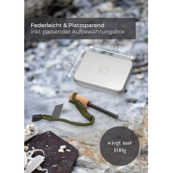 Lambda Coffee Feuerstahl Inkl. Metalldose zum Zunder sammeln & Kienspan I Magnesium Feuerstarter mit Holzgriff & Paracord I I
