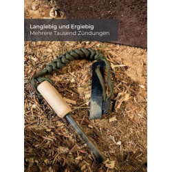 Lambda Coffee Feuerstahl Inkl. Metalldose zum Zunder sammeln & Kienspan I Magnesium Feuerstarter mit Holzgriff & Paracord I I