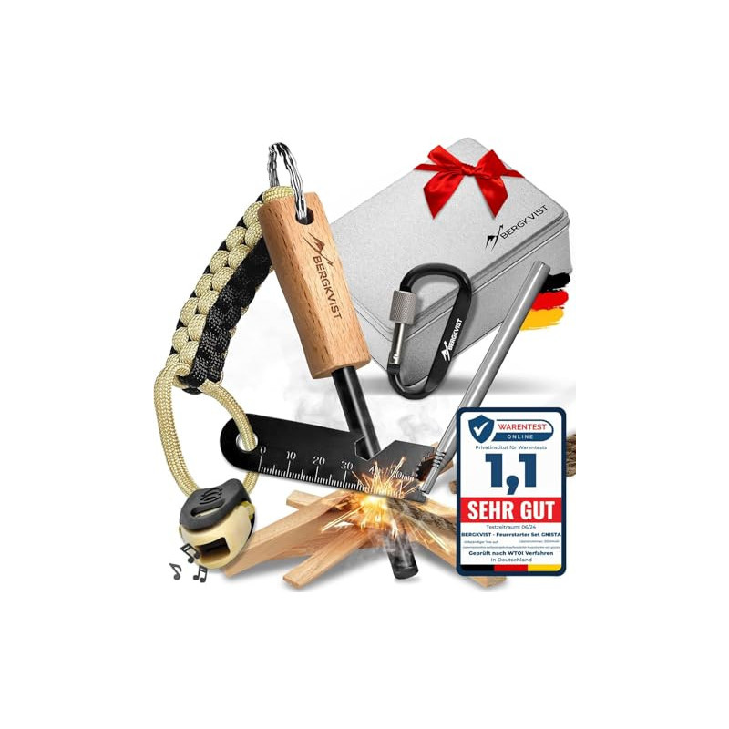 BERGKVIST® Feuerstahl Survival Set GNISTA  17-TLG.  - XXL Outdoor Ausrüstung zum Feuer Machen - Magnesium Feuerstein mit Feue