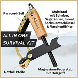 BERGKVIST® Feuerstahl Survival Set GNISTA  17-TLG.  - XXL Outdoor Ausrüstung zum Feuer Machen - Magnesium Feuerstein mit Feue