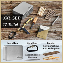 BERGKVIST® Feuerstahl Survival Set GNISTA  17-TLG.  - XXL Outdoor Ausrüstung zum Feuer Machen - Magnesium Feuerstein mit Feue