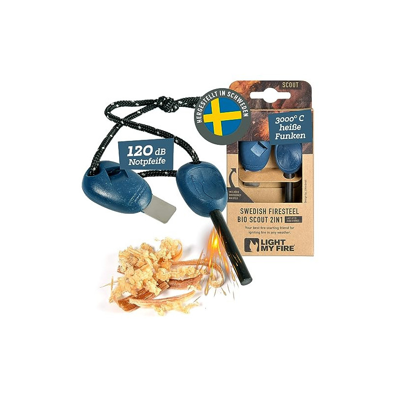 LIGHT MY FIRE Feuerstahl Outdoor Scout 2-in-1 mit Notfallpfeife, Feuerstahl Survival Gadget Feuerstein Feuerzeug, Ewiges Stre