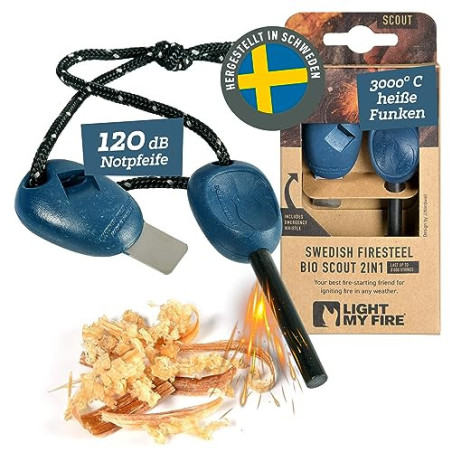 LIGHT MY FIRE Feuerstahl Outdoor Scout 2-in-1 mit Notfallpfeife, Feuerstahl Survival Gadget Feuerstein Feuerzeug, Ewiges Stre