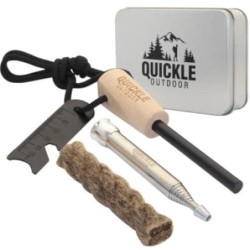Quickle® Feuerstahl Kit, Feuerstahl mit Holzgriff, teleskopisches Feuerblasrohr - 48 cm, Wolle und Metallbox zum sicheren und