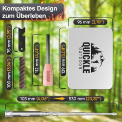 Quickle® Feuerstahl Kit, Feuerstahl mit Holzgriff, teleskopisches Feuerblasrohr - 48 cm, Wolle und Metallbox zum sicheren und