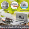 Quickle® Feuerstahl Kit, Feuerstahl mit Holzgriff, teleskopisches Feuerblasrohr - 48 cm, Wolle und Metallbox zum sicheren und