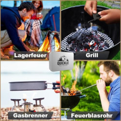 Quickle® Feuerstahl Kit, Feuerstahl mit Holzgriff, teleskopisches Feuerblasrohr - 48 cm, Wolle und Metallbox zum sicheren und