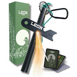 LEÓN Goods® : Feueranzünder Survival [ Feuerstahl ] + E-Book. Für Bushcraft & Outdoor - Survival Feuerzeug. Feuerstein aus Ma