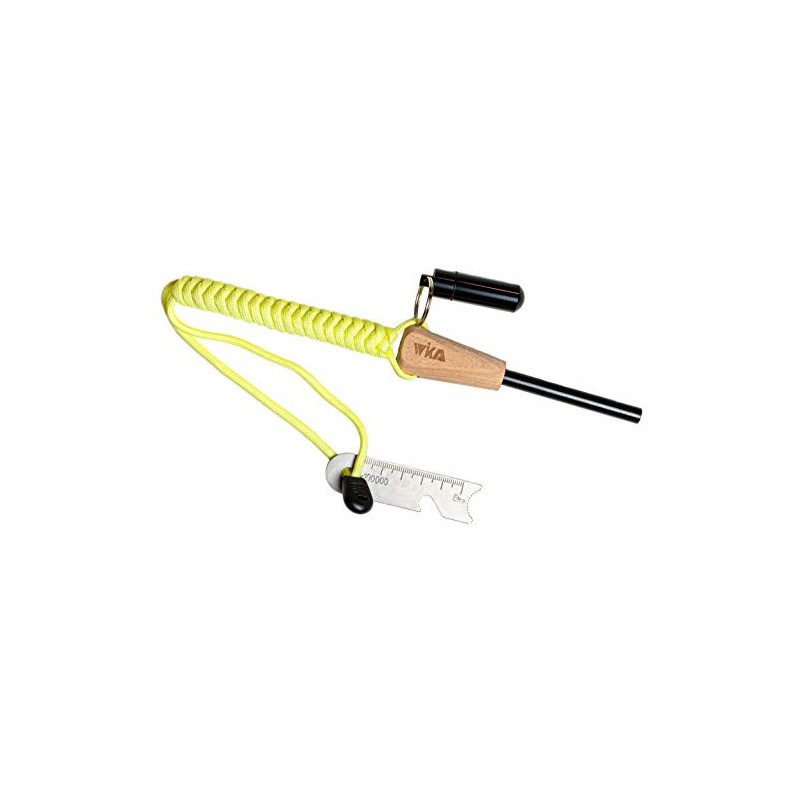 WIKA Feuerstahl, Feuerstarter mit wasserdichter Zunderdose aus Aluminium, Holzgriff und fluoreszierendem Paracordband, spezie WIKA Feuerstahl, Feuerstarter mit wasserdichter Zunderdose aus Aluminium, Holzgriff und fluoreszierendem Paracordband, spezie