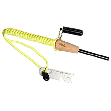 WIKA Feuerstahl, Feuerstarter mit wasserdichter Zunderdose aus Aluminium, Holzgriff und fluoreszierendem Paracordband, spezie