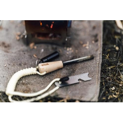 WIKA Feuerstahl, Feuerstarter mit wasserdichter Zunderdose aus Aluminium, Holzgriff und fluoreszierendem Paracordband, spezie