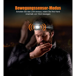 Glangeh Kopflampe LED Wiederaufladbar, Angelbeleuchtung mit Bewegungssensor & 4 Lichtmodi, IPX6 Wasserdicht, 1200 mAh Akku Ko