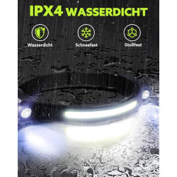 Stirnlampe LED Wiederaufladbar, Double Spot Light 230° COB Sensor Stirnlampe, Superhell 1200 Lumen mit 5 Modi, 12 Stunden Lau