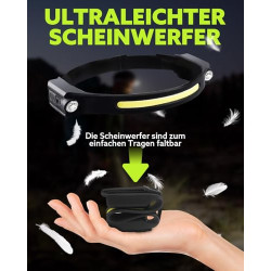 Stirnlampe LED Wiederaufladbar, Double Spot Light 230° COB Sensor Stirnlampe, Superhell 1200 Lumen mit 5 Modi, 12 Stunden Lau