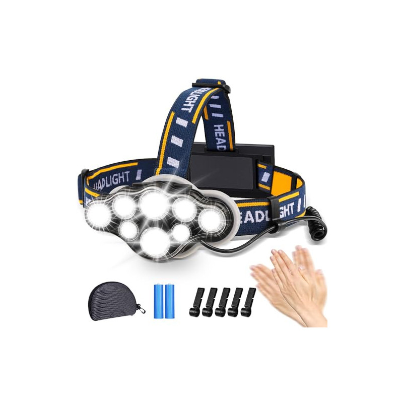 Stirnlampe, Superheller Kopflampe 18000 Lumen 8 LED 8 Modi mit Rotem Warnlicht, USB Stirnlampe Wiederaufladbare Wasserdicht, 
