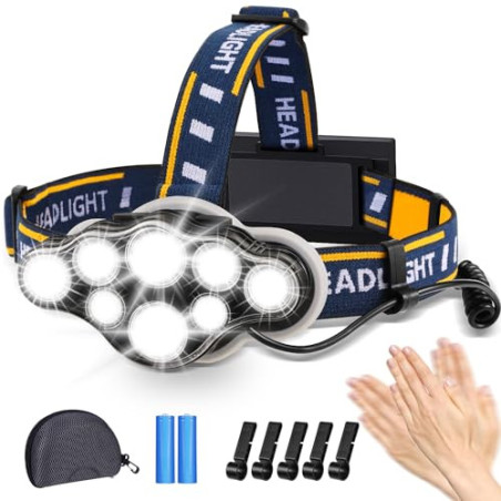 Stirnlampe, Superheller Kopflampe 18000 Lumen 8 LED 8 Modi mit Rotem Warnlicht, USB Stirnlampe Wiederaufladbare Wasserdicht, 