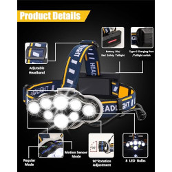Stirnlampe, Superheller Kopflampe 18000 Lumen 8 LED 8 Modi mit Rotem Warnlicht, USB Stirnlampe Wiederaufladbare Wasserdicht, 