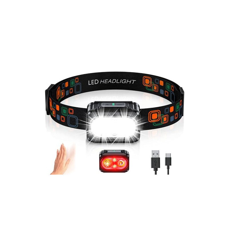 ISEYOU Stirnlampe LED Wiederaufladbar, Superhell Kopflampe mit Rotlicht & 5 Lichtmodi, Gestensensor & IPX4 Wasserdichte, USB 