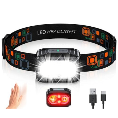 ISEYOU Stirnlampe LED Wiederaufladbar, Superhell Kopflampe mit Rotlicht & 5 Lichtmodi, Gestensensor & IPX4 Wasserdichte, USB 