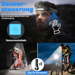 Sogdeco Stirnlampe LED Wiederaufladbar, 2 Stück 230° Weitwinkel 7 Modi Superhelle Stirnlampe, 22 Stunden Laufzeit, Sensor und