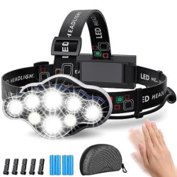 MLIAIMCE Stirnlampe, Superheller Stirnlampe LED Wiederaufladbar 18000 Lumen 8 LED 8 Modi Mit Rotlicht Warnlicht Kopflampe,IPX