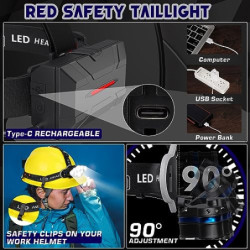 MLIAIMCE Stirnlampe, Superheller Stirnlampe LED Wiederaufladbar 18000 Lumen 8 LED 8 Modi Mit Rotlicht Warnlicht Kopflampe,IPX