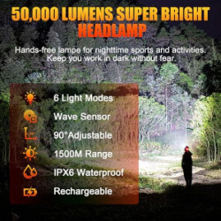 Stirnlampe LED Wiederaufladbar,Superhelle 50000 Lumen 6 Modi LED,Sensor und Rotlicht,5200 mAh USB Wiederaufladbar,IPX6 Wasser